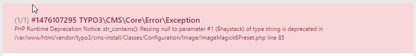 Screenshot of the exception “#1476107295 TYPO3\\CMS\\Core\\Error\\Exception” with a PHP deprecation notice. The full text follows below.