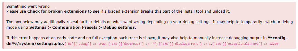 Screenshot of the TYPO3 install tool error box starting with “Something went wrong”. The full text follows below.