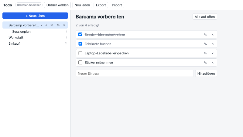 Die Todo-App: links ein Baum mit Listen und Unterlisten, rechts die Einträge der Liste „Barcamp vorbereiten“ mit Haken